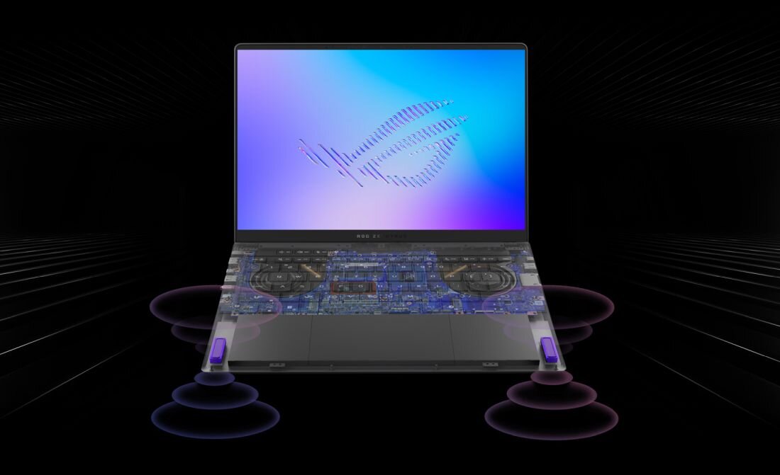 Laptop ASUS ROG Zephyrus z systemem audio pokazuje rozmieszczenie głośników i fale dźwiękowe wokół obudowy podczas rozrywki multimedialnej   