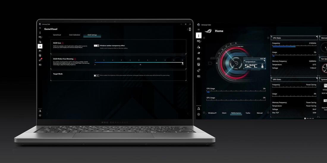 Laptop ASUS ROG Zephyrus z aplikacją Armoury Crate wyświetla ustawienia wydajności i monitorowanie podzespołów podczas konfiguracji systemu 