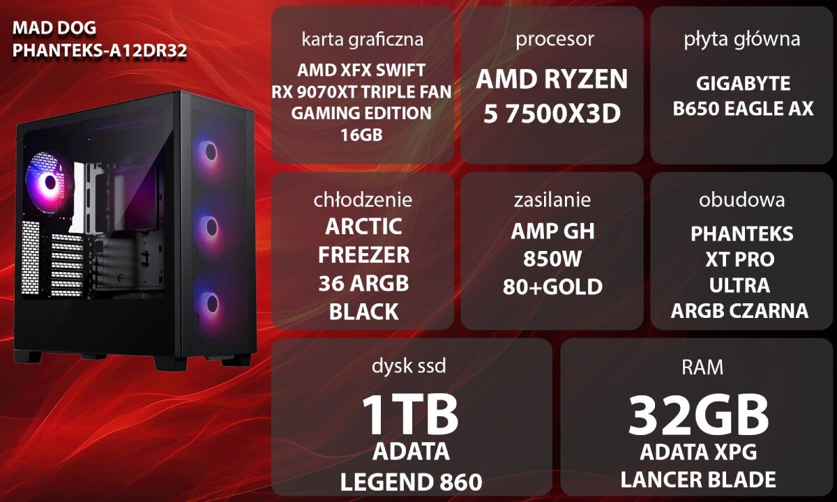 Obraz przedstawia komputer z podświetleniem RGB oraz specyfikację techniczną: karta graficzna AMD XFX SWIFT RX 9070XT, procesor AMD RYZEN 5 7500X3D, płyta główna GIGABYTE B650 EAGLE AX, chłodzenie ARCTIC FREEZER 36 ARGB BLACK, zasilanie AMP GH 850W 80+GOLD, obudowa PHANTEKS XT PRO ULTRA ARGB CZARNA, dysk SSD 1TB ADATA LEGEND 860, RAM 32GB ADATA XPG LANCER BLADE.