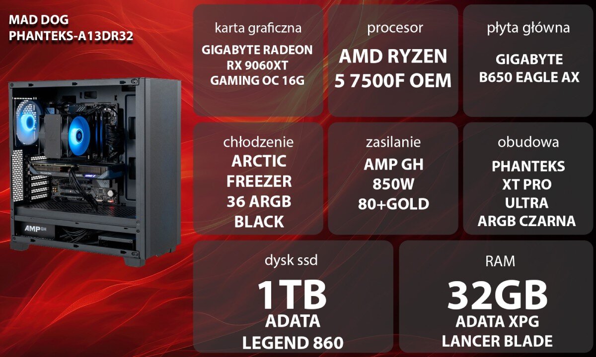 Obraz przedstawia komputer z podświetleniem LED oraz specyfikację techniczną: karta graficzna GIGABYTE RADEON RX 9060XT GAMING OC 16G, procesor AMD RYZEN 5 7500F OEM, płyta główna GIGABYTE B650 EAGLE AX, chłodzenie ARCTIC FREEZER 36 ARGB BLACK, zasilanie AMP GH 850W 80+GOLD, obudowa PHANTEKS XT PRO ULTRA ARGB CZARNA, dysk SSD 1TB ADATA LEGEND 860, RAM 32GB ADATA XPG LANCER BLADE.