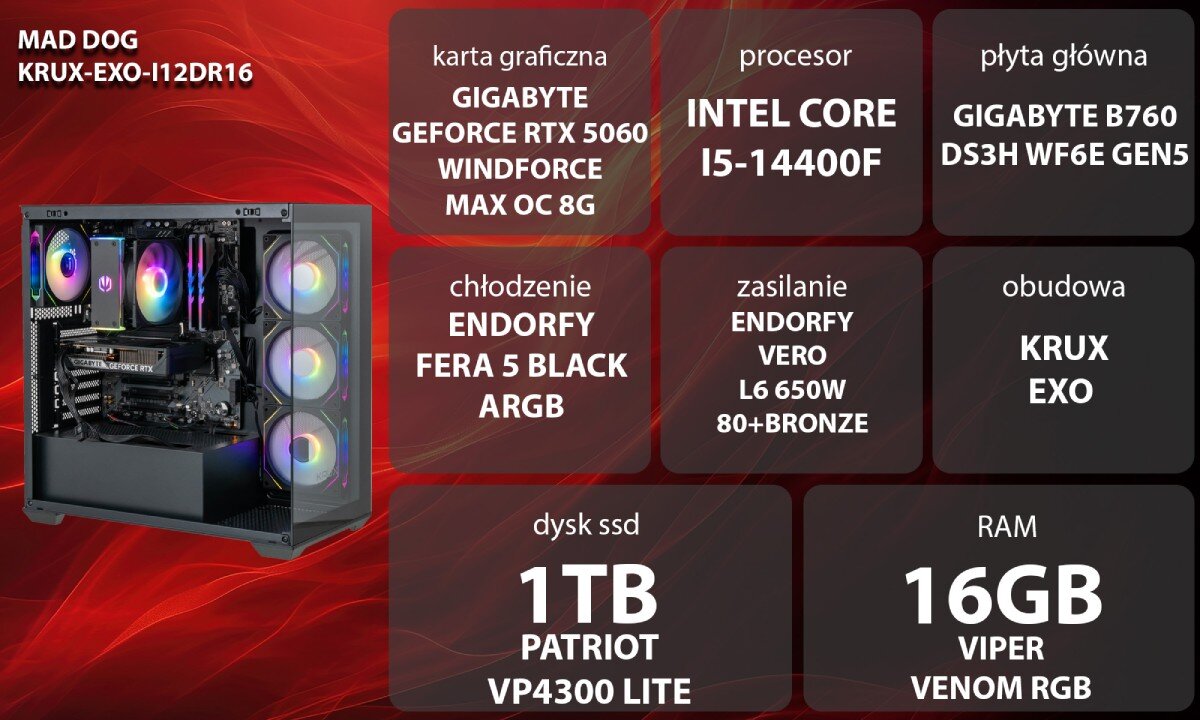 Obraz przedstawia komputer z podświetleniem RGB oraz specyfikację techniczną: karta graficzna GIGABYTE GeForce RTX 5060, procesor Intel Core i5-14400F, płyta główna GIGABYTE B760, chłodzenie ENDORFY Fera 5 Black ARGB, zasilanie ENDORFY Vero L6 650W, dysk SSD 1TB Patriot VP4300 Lite, RAM 16GB Viper Venom RGB, obudowa KRUX EXO.