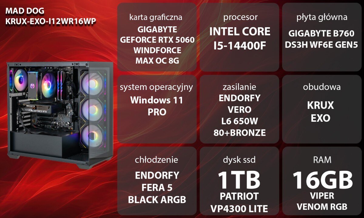 Obraz przedstawia komputer z podświetleniem RGB oraz specyfikację techniczną: karta graficzna GIGABYTE GeForce RTX 5060, procesor Intel Core i5-14400F, płyta główna GIGABYTE B760, system operacyjny Windows 11 Pro, zasilanie Endorfy Vero L6 650W, obudowa Krux Exo, chłodzenie Endorfy Fera 5 Black ARGB, dysk SSD 1TB Patriot VP4300 Lite, RAM 16GB Viper Venom RGB.