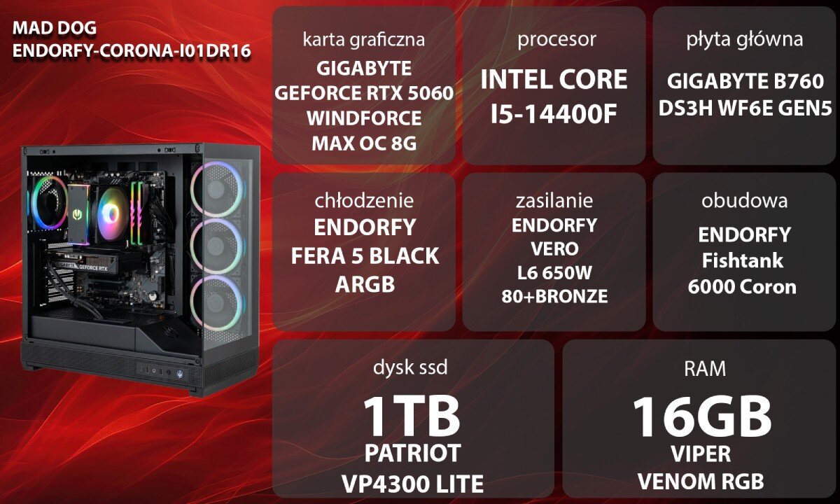Obraz przedstawia komputer z podświetleniem RGB oraz specyfikację techniczną: karta graficzna GIGABYTE GeForce RTX 5060, procesor Intel Core i5-14400F, płyta główna GIGABYTE B760, chłodzenie ENDORFY Fera 5 Black ARGB, zasilanie ENDORFY Vero L6 650W, obudowa ENDORFY Fishtank 6000 Coron, dysk SSD 1TB Patriot VP4300 Lite, RAM 16GB Viper Venom RGB.