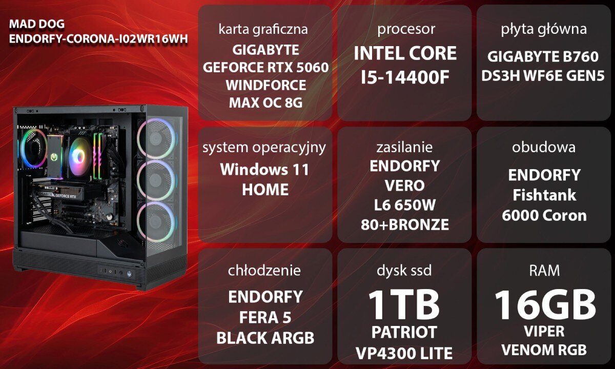 Obraz przedstawia komputer z podświetleniem RGB oraz specyfikację techniczną: karta graficzna GIGABYTE GeForce RTX 5060 Windforce Max OC 8G, procesor Intel Core i5-14400F, płyta główna GIGABYTE B760 DS3H WF6E Gen5, system operacyjny Windows 11 Home, zasilanie Endorfy Vero L6 650W 80+Bronze, obudowa Endorfy Fishtank 6000 Coron, chłodzenie Endorfy Fera 5 Black ARGB, dysk SSD 1TB Patriot VP4300 Lite, RAM 16GB Viper Venom RGB.