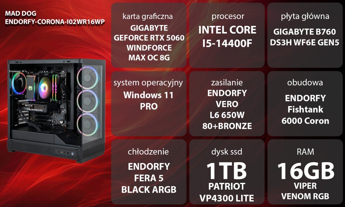 Obraz przedstawia komputer z podświetleniem RGB oraz specyfikację techniczną: karta graficzna GIGABYTE GeForce RTX 5060 Windforce Max OC 8G, procesor Intel Core i5-14400F, płyta główna GIGABYTE B760 DS3H WF6E Gen5, system operacyjny Windows 11 Home, zasilanie Endorfy Vero L6 650W 80+Bronze, obudowa Endorfy Fishtank 6000 Coron, chłodzenie Endorfy Fera 5 Black ARGB, dysk SSD 1TB Patriot VP4300 Lite, RAM 16GB Viper Venom RGB.