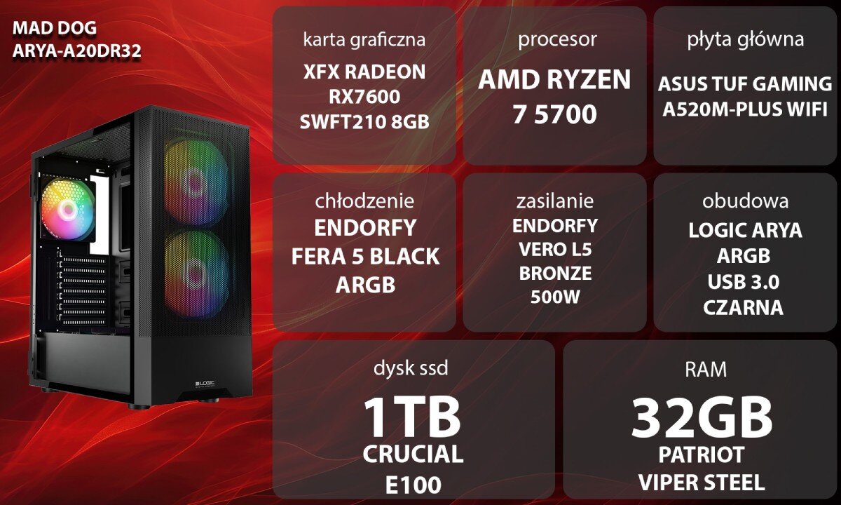 Obraz przedstawia komputer MAD DOG ARYA-A20DR32 z podświetlaną obudową i specyfikacją: karta graficzna XFX Radeon RX7600 SWFT210 8GB, procesor AMD Ryzen 7 5700, płyta główna ASUS TUF Gaming A520M-Plus WiFi, chłodzenie Endorfy Fera 5 Black ARGB, zasilanie Endorfy Vero L5 Bronze 500W, dysk SSD 1TB Crucial E100, RAM 32GB Patriot Viper Steel.
