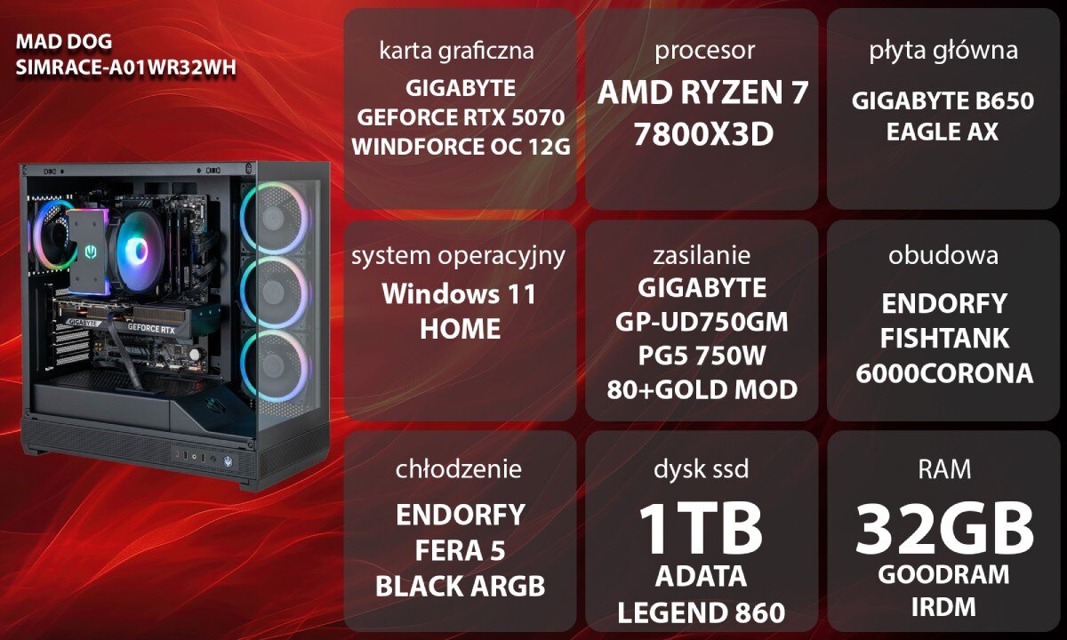 Obraz przedstawia komputer z podświetleniem RGB oraz specyfikację techniczną: karta graficzna GIGABYTE GeForce RTX 5070 Windforce OC 12G, procesor AMD Ryzen 7 7800X3D, płyta główna GIGABYTE B650 Eagle AX, system operacyjny Windows 11 Home, zasilanie GIGABYTE GP-UD750GM PG5 750W 80+Gold Mod, obudowa Endorfy Fishtank 6000Corona, chłodzenie Endorfy Fera 5 Black ARGB, dysk SSD 1TB ADATA Legend 860, RAM 32GB Goodram IRDM.