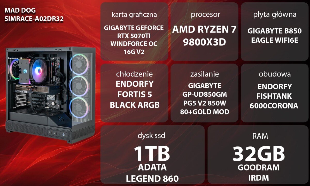 Obraz przedstawia komputer z podświetleniem RGB oraz specyfikację techniczną: karta graficzna GIGABYTE GeForce RTX 5070Ti Windforce OC 16G V2, procesor AMD Ryzen 7 9800X3D, płyta główna GIGABYTE B850 Eagle WiFi6E, chłodzenie ENDORFY Fortis 5 Black ARGB, zasilanie GIGABYTE GP-UD850GM PG5 V2 850W 80+Gold Mod, obudowa ENDORFY Fishtank 6000Corona, dysk SSD 1TB ADATA Legend 860, RAM 32GB Goodram IRDM.