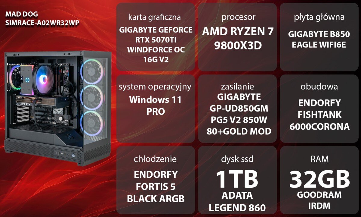 Obraz przedstawia komputer z podświetleniem RGB oraz specyfikację techniczną: karta graficzna GIGABYTE GeForce RTX 5070Ti, procesor AMD Ryzen 7 9800X3D, 32GB RAM, 1TB SSD, system Windows 11 Pro.