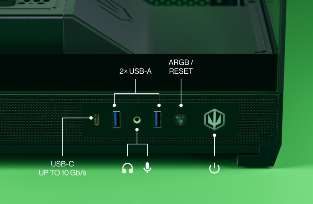 Komputer MAD DOG SIMRACE-A02WR32WH Dolny panel obudowy komputerowej z widocznymi gniazdami opisanymi jako USB-C, dwa porty USB-A, wejście audio oraz przyciski ARGB/Reset i zasilania, obudowa, wygląd, wentylacja, porty