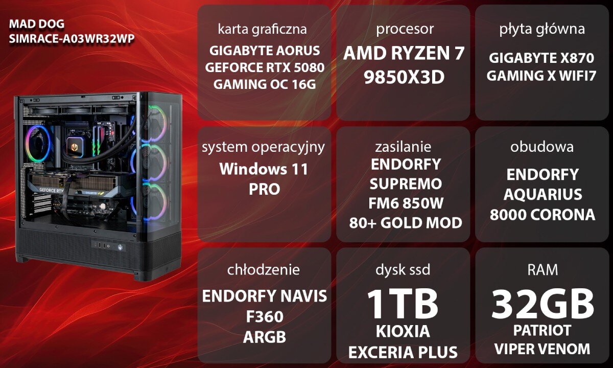 Obraz przedstawia komputer MAD DOG SIMRACE-A03WR32WP z widocznymi komponentami i specyfikacją techniczną. Specyfikacja obejmuje m.in. kartę graficzną GIGABYTE AORUS GeForce RTX 5080, procesor AMD Ryzen 7 9850X3D, 32GB RAM, dysk SSD 1TB oraz system operacyjny Windows 11 Pro.