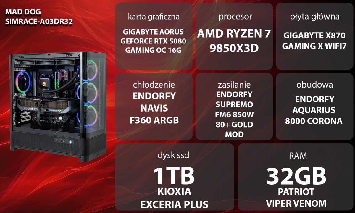 Obraz przedstawia komputer z widocznymi komponentami i specyfikacją: karta graficzna GIGABYTE AORUS GeForce RTX 5080 Gaming OC 16G, procesor AMD Ryzen 7 9850X3D, płyta główna GIGABYTE X870 Gaming X WiFi7, chłodzenie ENDORFY Navis F360 ARGB, zasilanie ENDORFY Supremo FM6 850W 80+ Gold Mod, obudowa ENDORFY Aquarius 8000 Corona, dysk SSD 1TB Kioxia Exceria Plus, RAM 32GB Patriot Viper Venom.