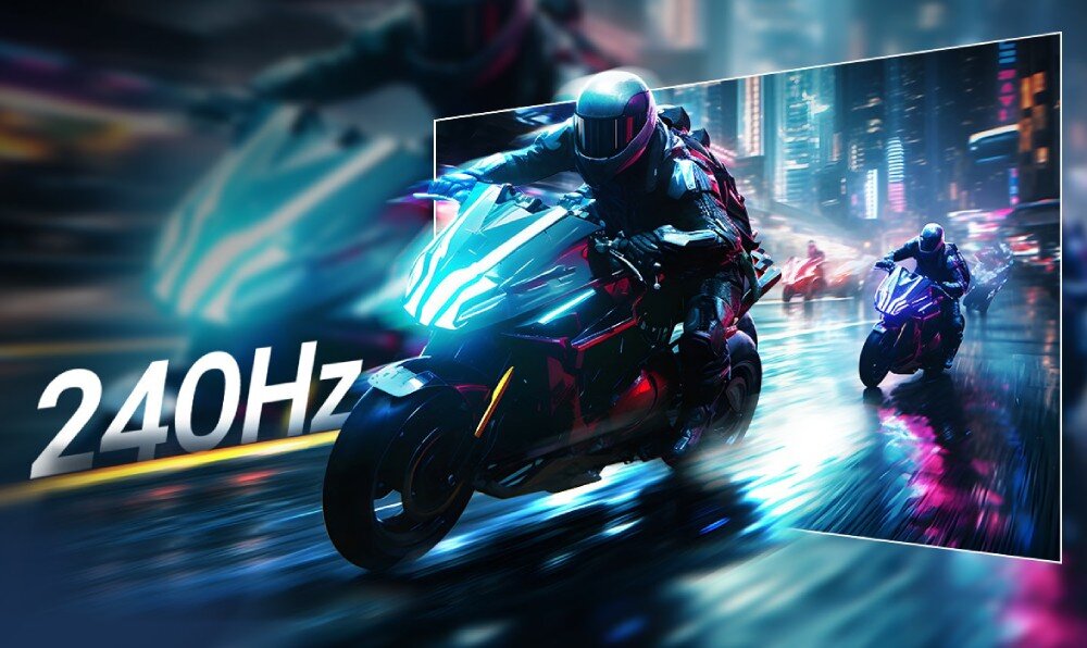 Obraz przedstawia dynamiczną scenę z motocyklistą na futurystycznym motocyklu, z efektem prędkości i neonowymi światłami. Widoczny jest napis \'240Hz\'.