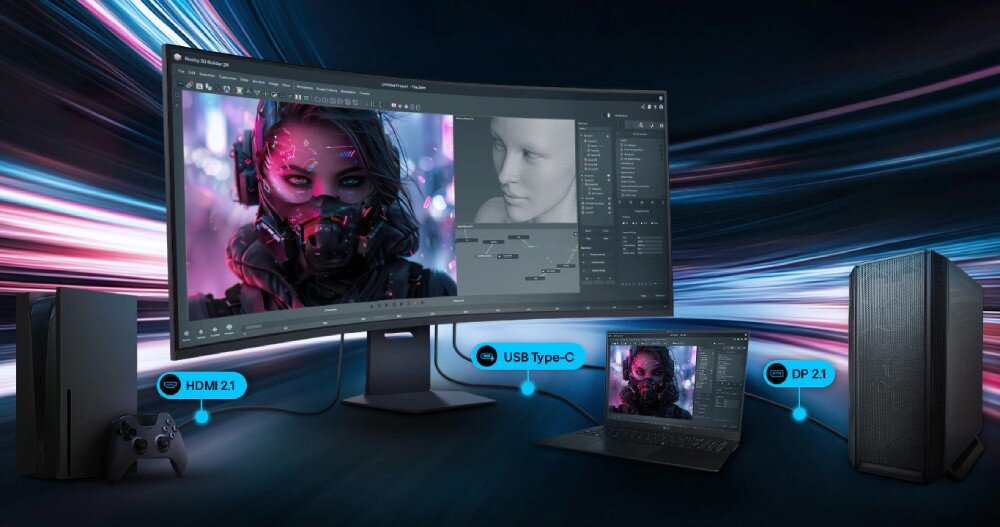 Na obrazie widoczny jest zakrzywiony monitor z wyświetlanym obrazem postaci w masce, podłączony do laptopa i dwóch urządzeń przez HDMI 2.1, USB Type-C i DP 2.1. W tle dynamiczne, kolorowe linie sugerujące prędkość lub ruch.