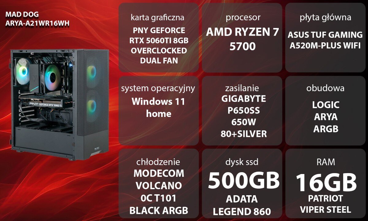 Obraz przedstawia komputer z obudową z podświetleniem RGB oraz specyfikację techniczną: karta graficzna PNY GeForce RTX 5060Ti 8GB, procesor AMD Ryzen 7 5700, płyta główna ASUS TUF Gaming A520M-Plus WiFi, system operacyjny Windows 11 Home, zasilanie Gigabyte P650SS 650W 80+ Silver, chłodzenie Modecom Volcano 0C T101 Black ARGB, dysk SSD 500GB ADATA Legend 860, RAM 16GB Patriot Viper Steel.