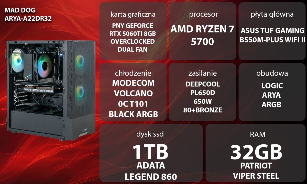 Obraz przedstawia komputer MAD DOG ARYA-A22DR32 z widocznymi komponentami: karta graficzna PNY GeForce RTX 5060Ti 8GB, procesor AMD Ryzen 7 5700, płyta główna ASUS TUF Gaming B550M-Plus WiFi II, chłodzenie MODECOM Volcano OC T101 Black ARGB, zasilanie Deepcool PL650D 650W 80+Bronze, obudowa Logic ARYA ARGB, dysk SSD 1TB ADATA Legend 860, RAM 32GB Patriot Viper Steel.