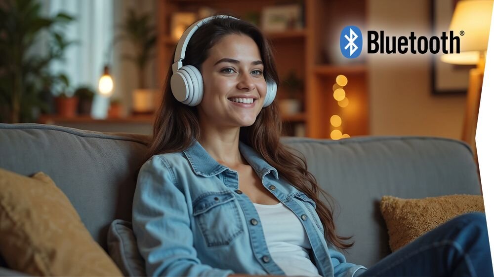 Osoba siedzi na kanapie, nosząc białe słuchawki. W prawym górnym rogu widoczne jest logo Bluetooth z napisem \'Bluetooth\'.