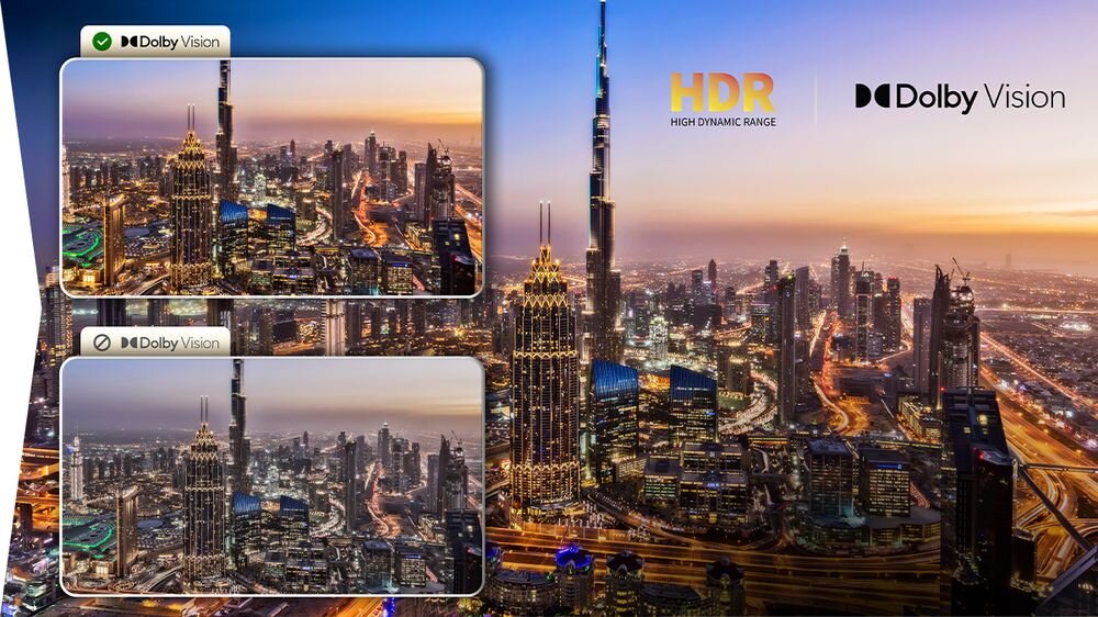 Obraz przedstawia panoramę miasta z wieżowcami o zachodzie słońca, z dwoma porównawczymi oknami oznaczonymi \'Dolby Vision\'. Widoczne są logotypy \'HDR High Dynamic Range\' i \'Dolby Vision\'.