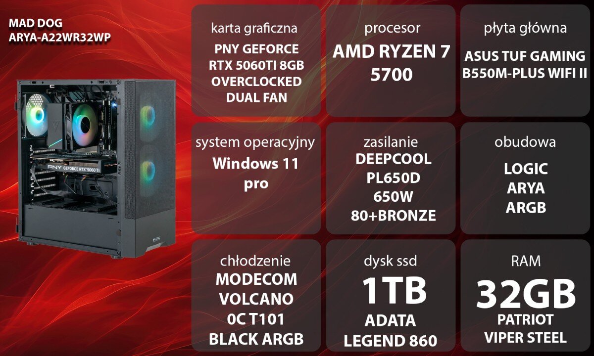 Obraz przedstawia komputer z podświetleniem RGB oraz specyfikację techniczną: karta graficzna PNY GeForce RTX 5060Ti 8GB, procesor AMD Ryzen 7 5700, system operacyjny Windows 11 pro, zasilanie DEEPCOOL PL650D 650W 80+BRONZE, chłodzenie MODECOM VOLCANO 0C T101 BLACK ARGB, dysk SSD 1TB ADATA LEGEND 860, RAM 32GB PATRIOT VIPER STEEL, płyta główna ASUS TUF GAMING B550M-PLUS WIFI II, obudowa LOGIC ARYA ARGB.
