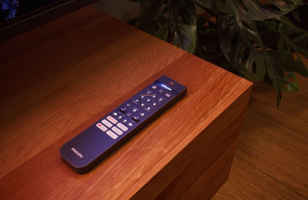 Na drewnianej powierzchni leży pilot z napisem \'PHILIPS\'. W tle widoczne są zielone liście rośliny.