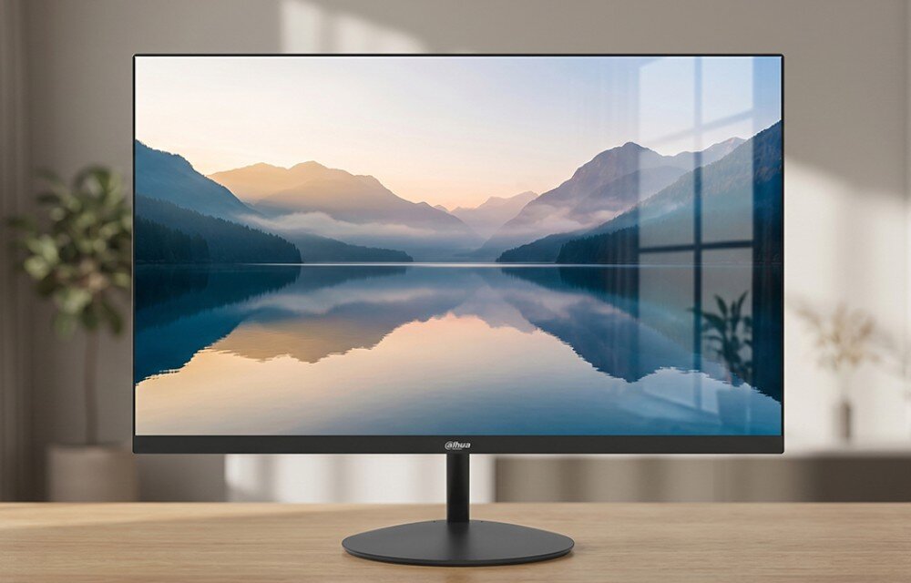 Monitor z cienkimi ramkami wyświetla obraz przedstawiający górski krajobraz odbijający się w wodzie. Na dolnej ramce widoczne jest logo \'dahua\'.