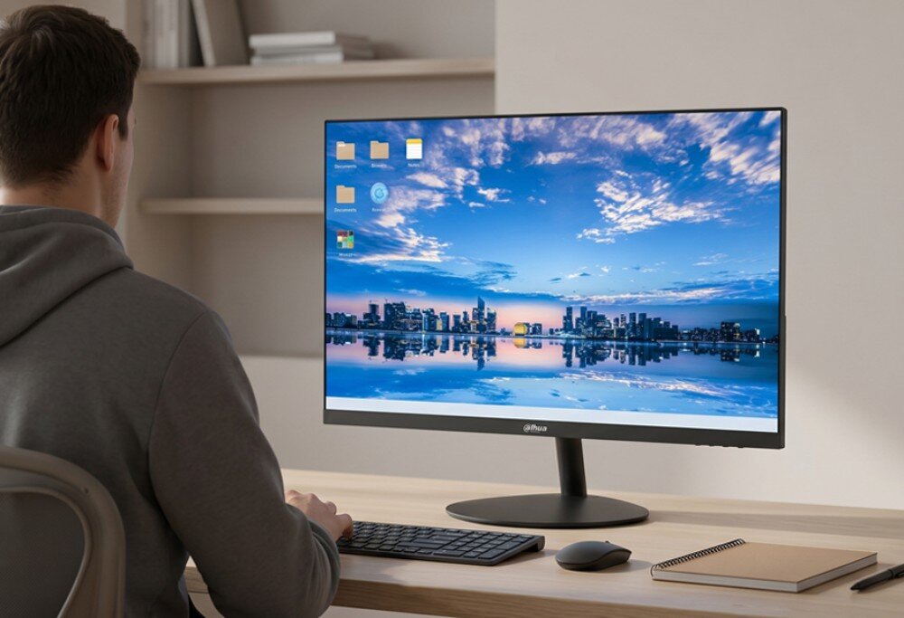 Osoba siedzi przy biurku przed monitorem z widocznym logo \'dahua\'. Na ekranie wyświetlany jest obraz miasta odbijającego się w wodzie pod niebem z chmurami.
