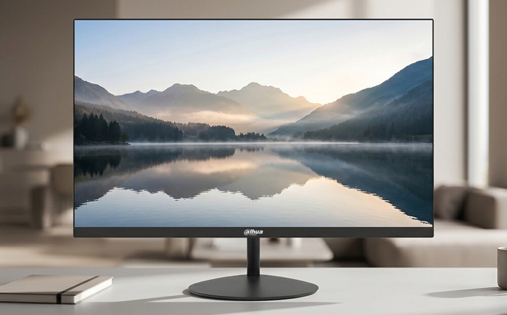 Monitor z cienkimi ramkami wyświetla obraz przedstawiający górski krajobraz z jeziorem i górami w tle. Na dolnej ramce widoczne jest logo \'Dahua\'.