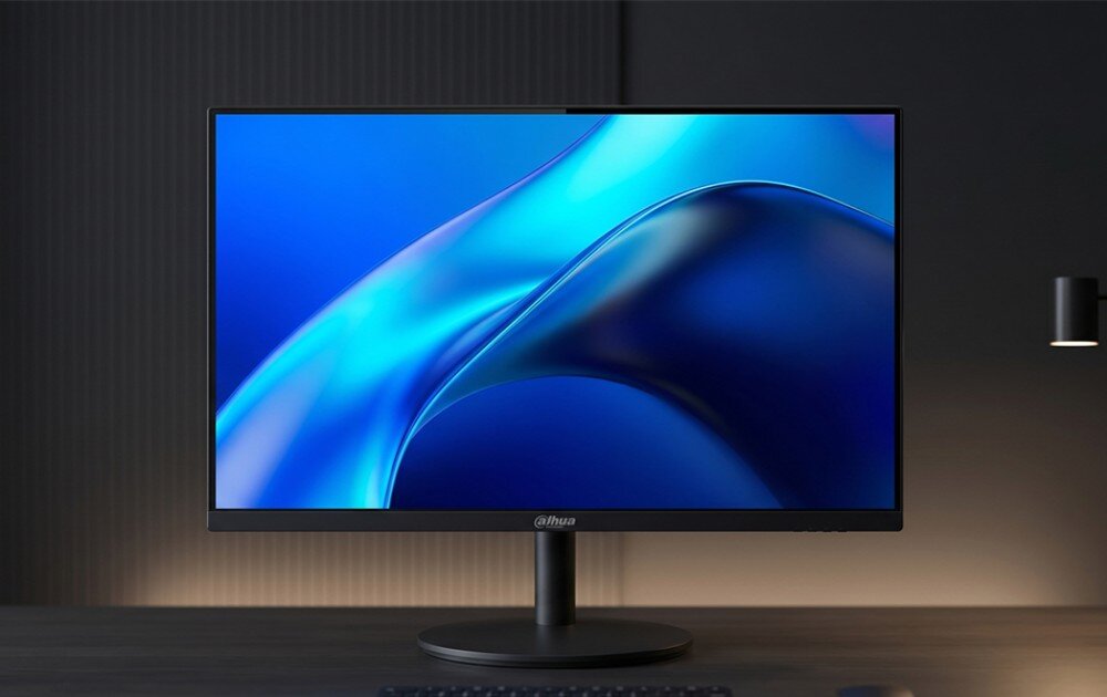 Monitor z wyświetlaczem o niebieskim tle i logo \'dahua\' na dolnej ramce. Monitor stoi na ciemnym biurku w minimalistycznym wnętrzu.