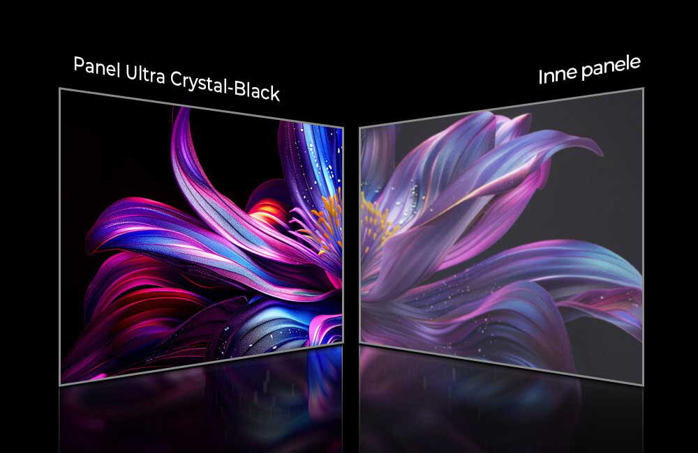 Obraz przedstawia dwa ekrany z kolorowymi, abstrakcyjnymi wzorami kwiatowymi. Na lewym ekranie widnieje napis \'Panel Ultra Crystal-Black\', a na prawym \'Inne panele\'.