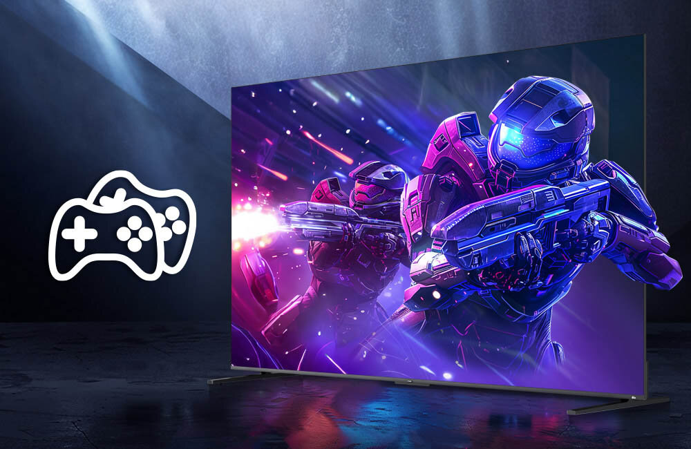 Na obrazie widoczny jest duży telewizor wyświetlający dynamiczną scenę z gry, przedstawiającą dwóch futurystycznych wojowników w zbrojach. Obok telewizora znajduje się ikona przedstawiająca dwa kontrolery do gier.