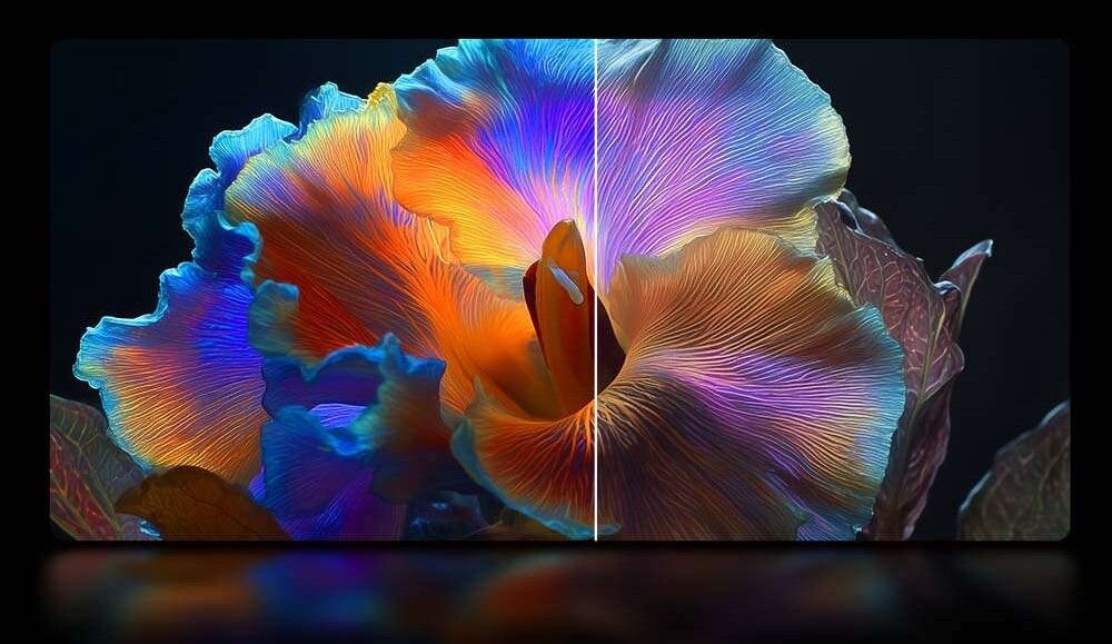 HAIER H55S85GUX AI Color Boost intensywne kolory naturalne odcienie szczegółowy obraz, telewizor od frontu na czarnym tle