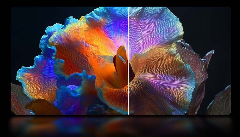 HAIER H65S80GUX telewizor AI Color Boost żywe kolory i naturalne odcienie, ekran telewizora od frontu na czarnym tle