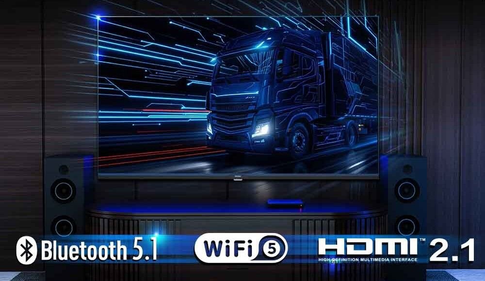 HAIER H43S80GUX telewizor HDMI 2.1 WiFi 5 Bluetooth 5.1 łączność, telewizor zawieszony na ścianie w pomieszczeniu
