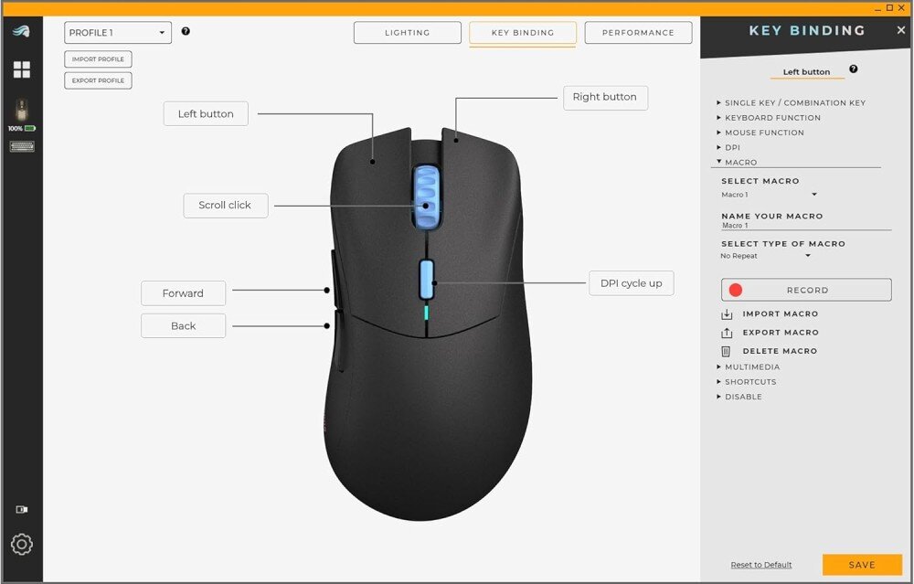 Na obrazie widoczna jest czarna mysz komputerowa z oznaczeniami przycisków: Left button, Right button, Scroll click, Forward, Back, DPI cycle up. Po prawej stronie znajduje się panel z opcjami przypisania klawiszy, w tym wybór makra i funkcji klawisza, oraz przyciski do importowania i eksportowania makr.