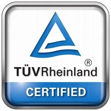 Logo TÜV Rheinland z napisem CERTIFIED na dole, w niebiesko-szarej ramce.