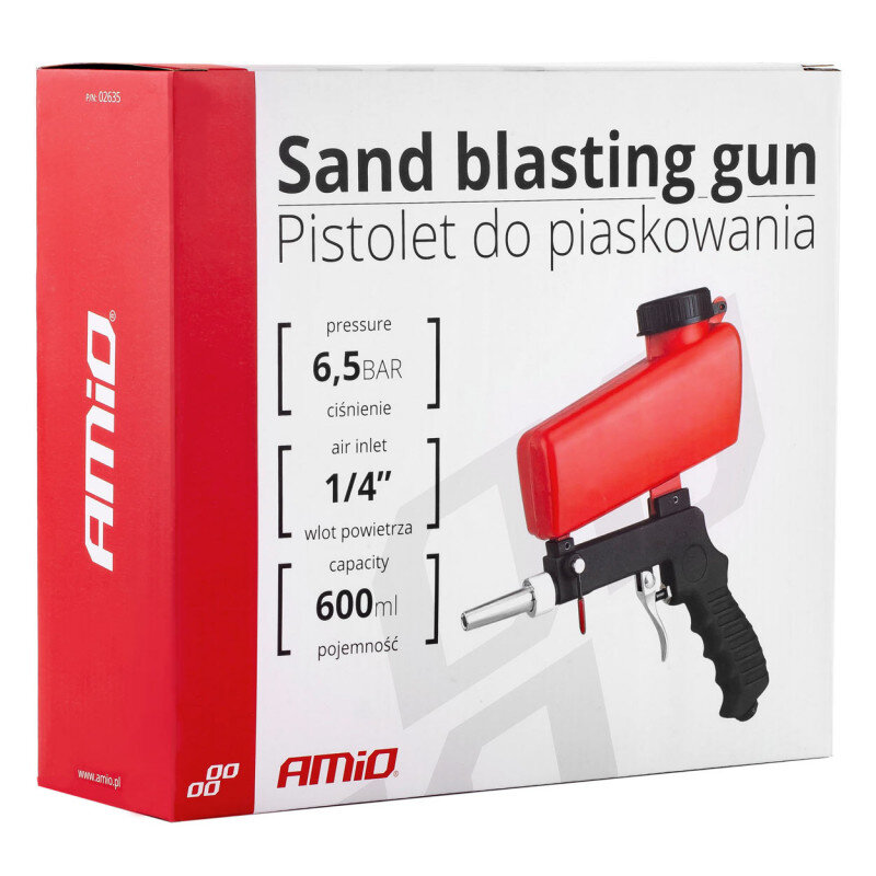 Opakowanie produktu z napisem \'Sand blasting gun Pistolet do piaskowania\' oraz specyfikacją: ciśnienie 6,5 BAR, wlot powietrza 1/4\'\', pojemność 600 ml. Widoczny jest czerwony pistolet do piaskowania z czarnym uchwytem i logo \'AMiO\'.