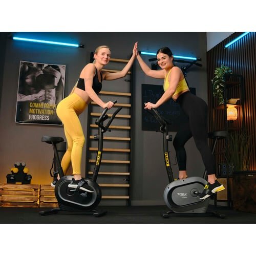 Dwie osoby ćwiczą na rowerach stacjonarnych magnetycznych FLEXO TX-450MB szarych w pomieszczeniu z drewnianą drabinką i plakatem na ścianie. W tle widoczne są rośliny i oświetlenie LED.