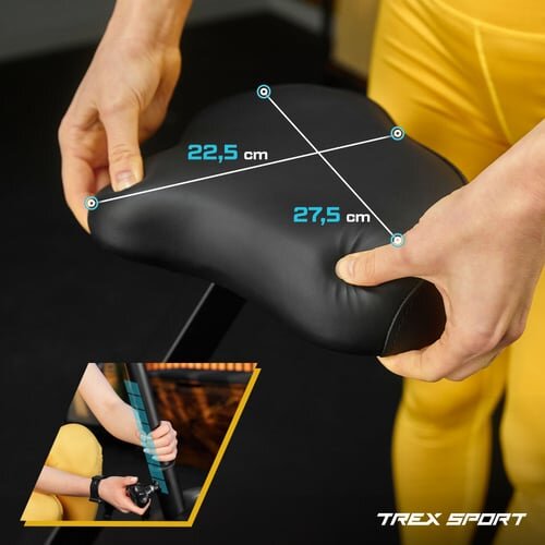Osoba trzyma czarne siodełko rowerowe z wymiarami 22,5 cm i 27,5 cm. W prawym dolnym rogu widoczne jest logo \'TREX SPORT\'.