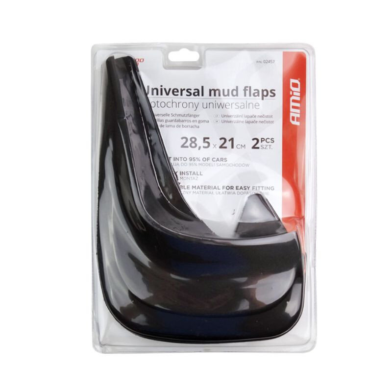 Opakowanie zawiera dwa czarne chlapacze o wymiarach 28,5 x 21 cm. Na opakowaniu widoczny jest tekst: \'Universal mud flaps Błotochrony uniwersalne\' oraz logo AMiO.