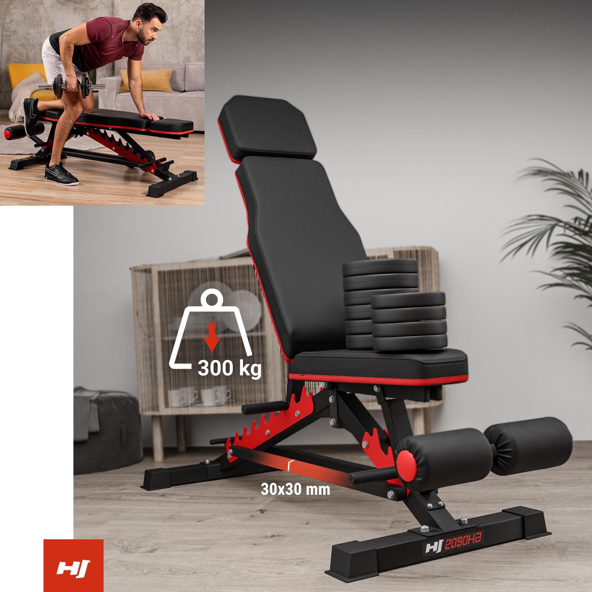Na obrazie widoczna jest ławka treningowa z czarnym i czerwonym wykończeniem, obok której znajduje się stos ciężarów. Na ławce widnieje napis \'300 kg\' oraz \'30x30 mm\', a w rogu znajduje się logo \'HJ\'.
