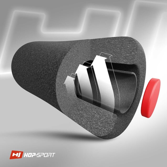 Grafika przedstawia przekrój wałka z pianki z widocznymi warstwami wewnętrznymi oraz czerwonym elementem z boku. W lewym dolnym rogu znajduje się logo \'HOP-SPORT\'.