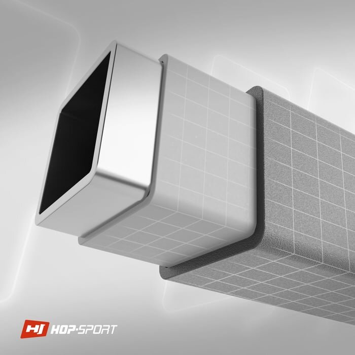 Obraz przedstawia zbliżenie na metalowy element konstrukcyjny z kwadratowym przekrojem, pokryty siatką linii. W lewym dolnym rogu widoczne jest logo \'HOP-SPORT\'.
