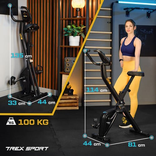 Obraz przedstawia czarny rower stacjonarny mechaniczny składany z oznaczeniami wymiarów: 135 cm wysokości, 33 cm szerokości, 44 cm głębokości oraz 114 cm wysokości, 44 cm szerokości, 81 cm głębokości. Widoczna jest również kobieta w stroju sportowym oraz logo \'TREX SPORT\'.