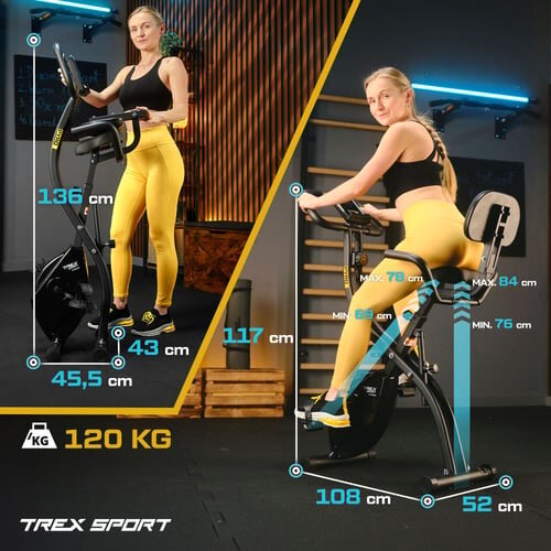 Na obrazie widoczny jest rowerek stacjonarny magnetyczny z osobą ćwiczącą, z zaznaczonymi wymiarami: 136 cm, 117 cm, 45,5 cm, 43 cm, 108 cm, 52 cm oraz maksymalnym obciążeniem 120 kg. Logo \'TREX SPORT\' znajduje się w dolnym rogu.