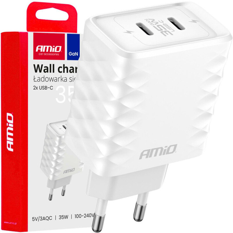 Biała ładowarka sieciowa z dwoma portami USB-C, obok opakowanie z napisem \'AMiO car accessories GaN Wall charger Ładowarka sieciowa 2x USB-C 35W\'.