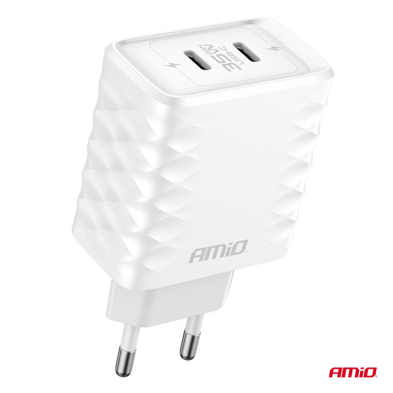 Biała ładowarka sieciowa z dwoma portami USB-C, oznaczona napisem \'35W GAN USB-C\'. Widoczne logo \'AMiO\' na obudowie.
