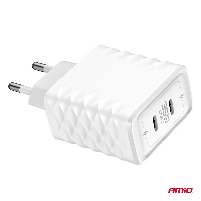 Biała ładowarka sieciowa z dwoma portami USB-C i tekstem \'35W GAN USB-C\' na froncie. W prawym dolnym rogu widoczne jest logo \'AMiO\'.