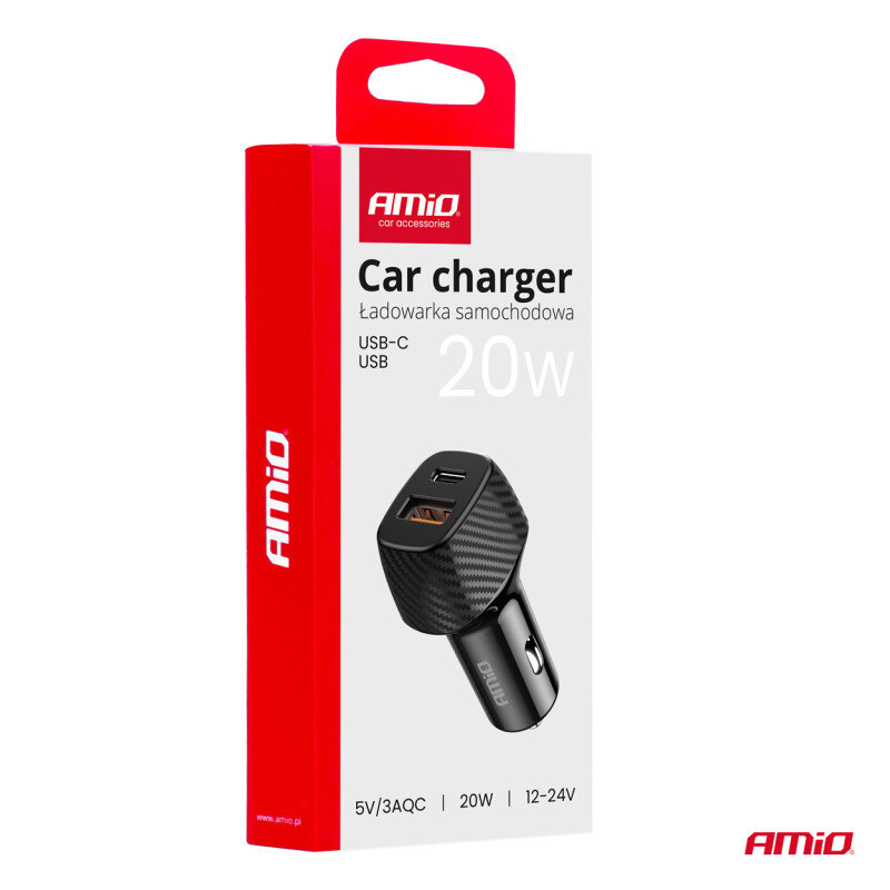 Opakowanie ładowarki samochodowej AMiO z portami USB-C i USB, o mocy 20W. Widoczny jest napis \'Car charger Ładowarka samochodowa USB-C USB 20W\' oraz logo AMiO.