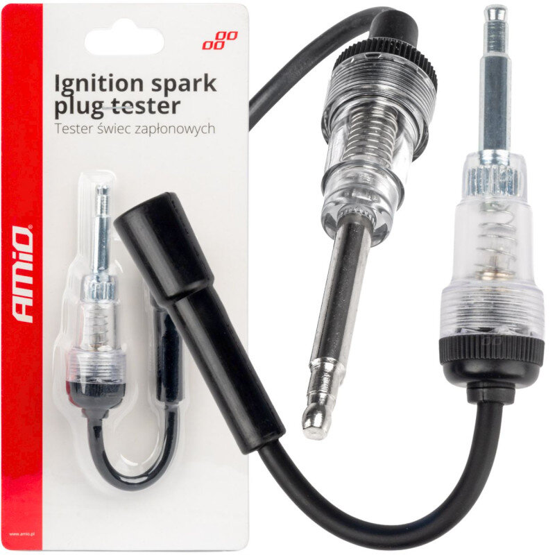 Na obrazie znajduje się tester świec zapłonowych z przezroczystą obudową i czarnym kablem. Opakowanie zawiera tekst: \'Ignition spark plug tester Tester świec zapłonowych\' oraz logo \'AMiO\'.