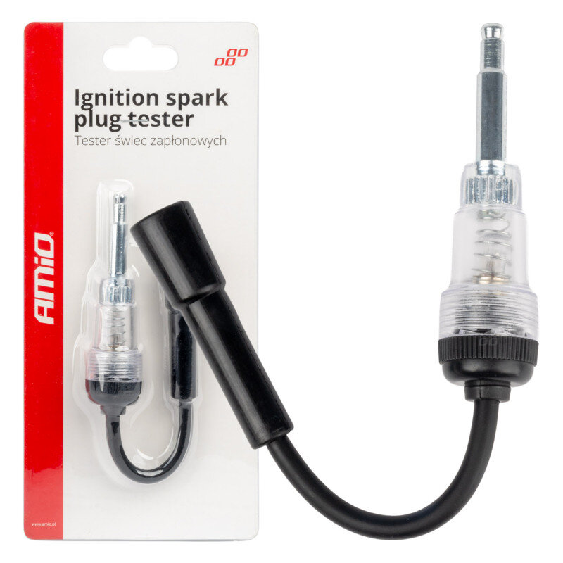 Na obrazku znajduje się tester świec zapłonowych w opakowaniu z przezroczystym przodem, z widocznym napisem \'Ignition spark plug tester Tester świec zapłonowych\'. Po lewej stronie opakowania widnieje logo \'AMiO\'.